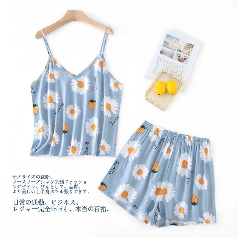 Women Summer Pyjama Sling Adjustable Rayon Loungewear Sleeveless Print Pajamas Spaghetti Strap Shorts 2 Piece Cool Home Clothes