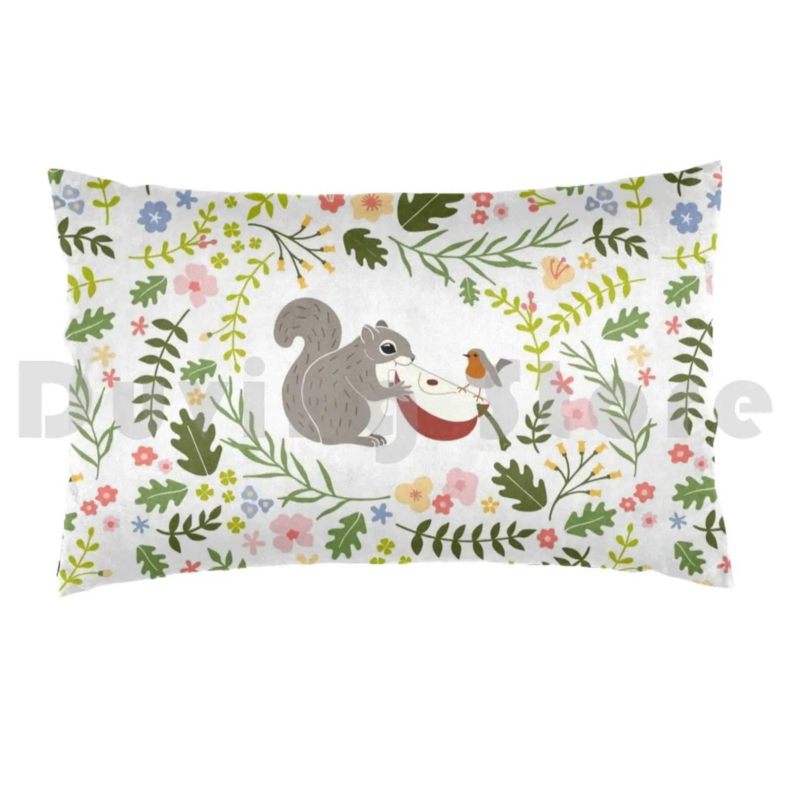 Friendship Squirrel-Robin _ Bgwhite Pillow Case DIY 50*70 Friendship Wildlife Squirrel Share Food Robin Erithacus