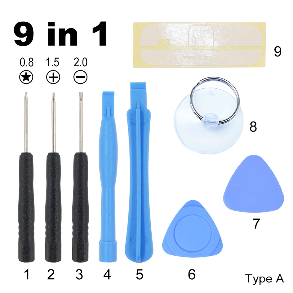 9 in 1 Opening Tools Kit 아이폰 5 5G 수리 500 세트 용 Pentalobe 스크루 드라이버가있는 Pry Tool Set