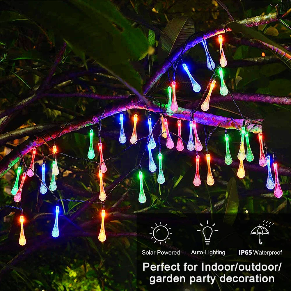 LED Solar Water Drop Light String Outdoor Waterproof 8 Mode Fairy Lights Holiday Christmas Party Garden Wedding Decoration