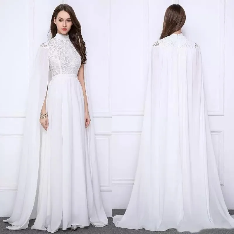 Elegant White Evening Formal Dresses With Wrap Lace Chiffon Cape Sleeve Prom Party Gown Saudi Arabic Caftan Robe De Soirée