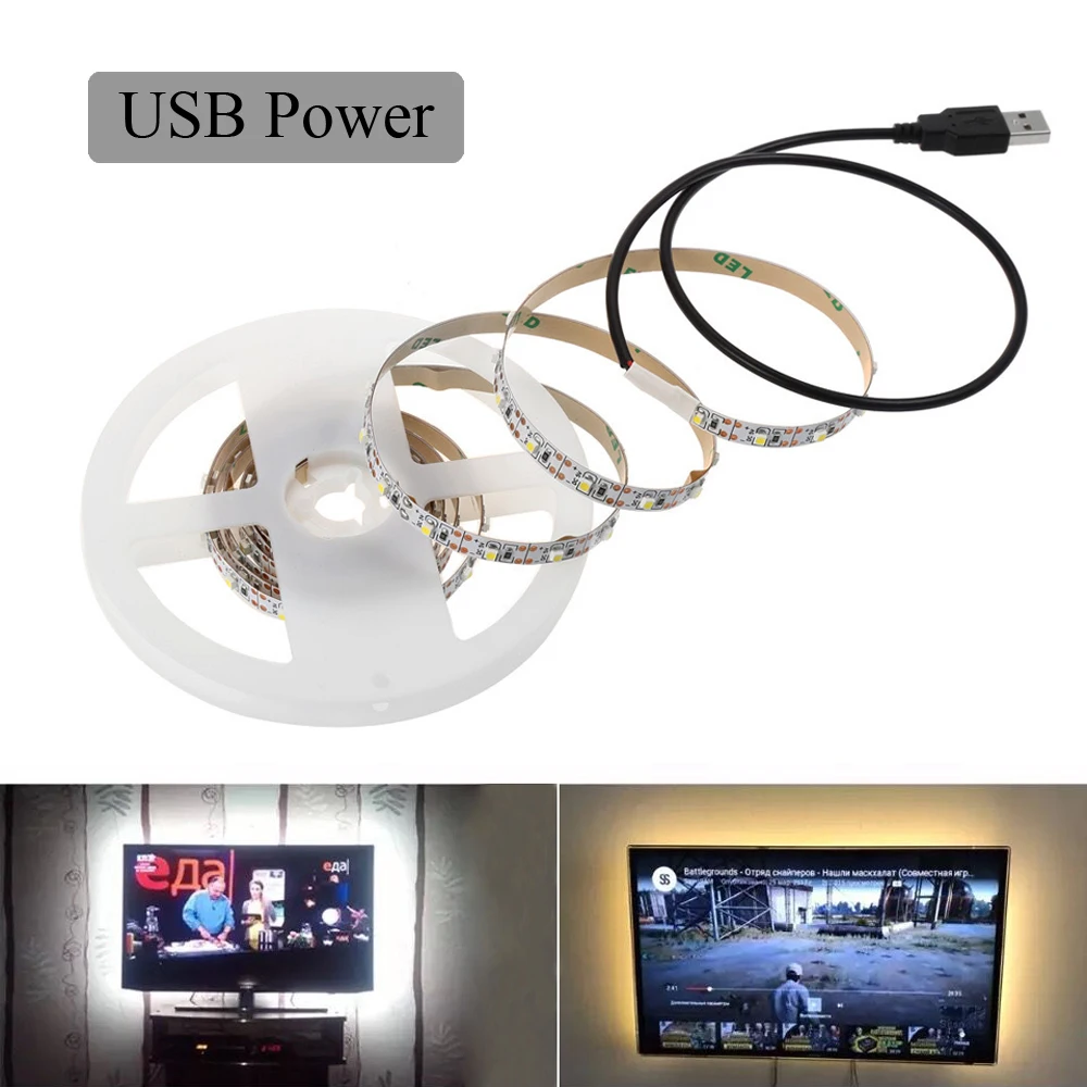 Tira de luces LED de 5V, cinta Flexible con batería USB 2835, resistente al agua, 60LED, blanco cálido para iluminación de fondo de TV, luces