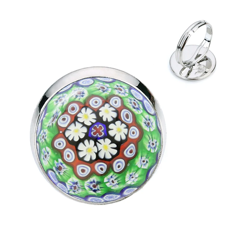 Tree Of Life Adjustable Ring Murano Millefiori 16mm Glass Cabochon Rings Jewelry For Women Girls Gift Wholesale