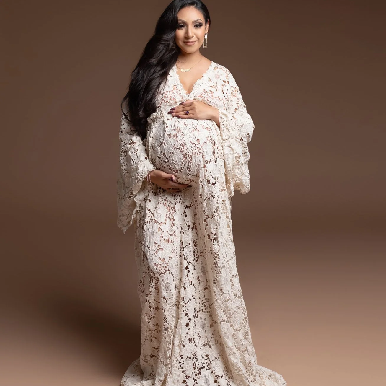 

V Neck Pregnant Women's Prom Dress Maternity Lace Long Sleeve Robes for Photo Shoot or baby shower Luxury Plus Size Gowns