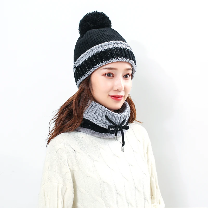 Brand Winter autumn Knitted Hat for women Warm Mask Collar Triple Suit Skin Care Skullies Beanie Protection For Women Wool Cap