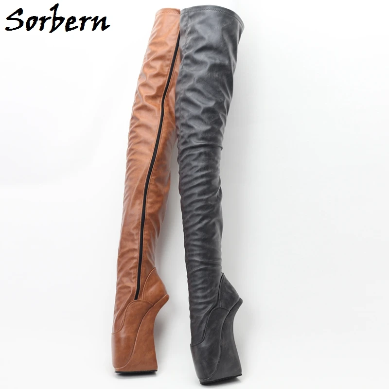 Sorbern Retro Crotch Thigh Boots Women Ballet Hoof No Heel Fetish BDSM Shoes Custom Wide Slim Fit Ladies Boot Sissy Boy