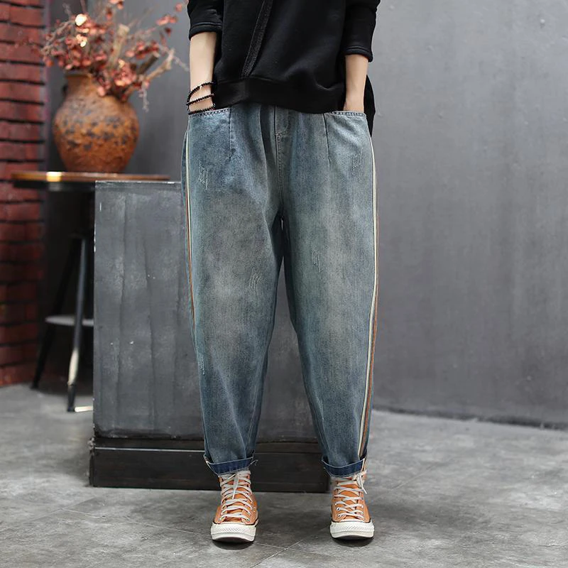 New Arrival Spring Women Elastic Waist Loose Jeans All-matched Casual Cotton Denim Harem Pants Side Stripe Vintage Jeans S612