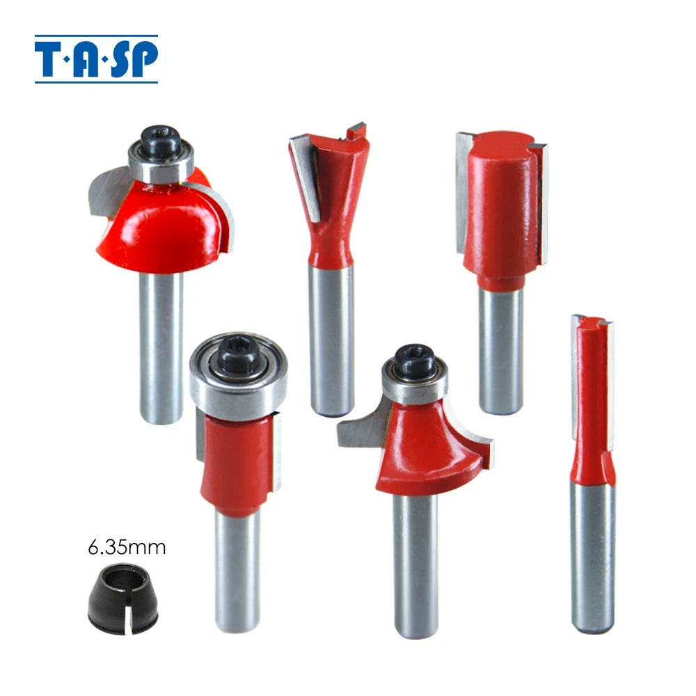 TASP 6pcs Wood Milling Cutters 6.35mm Shank Tungsten Carbide Router Bits & Collet kit for Woodworking Tools Accessories