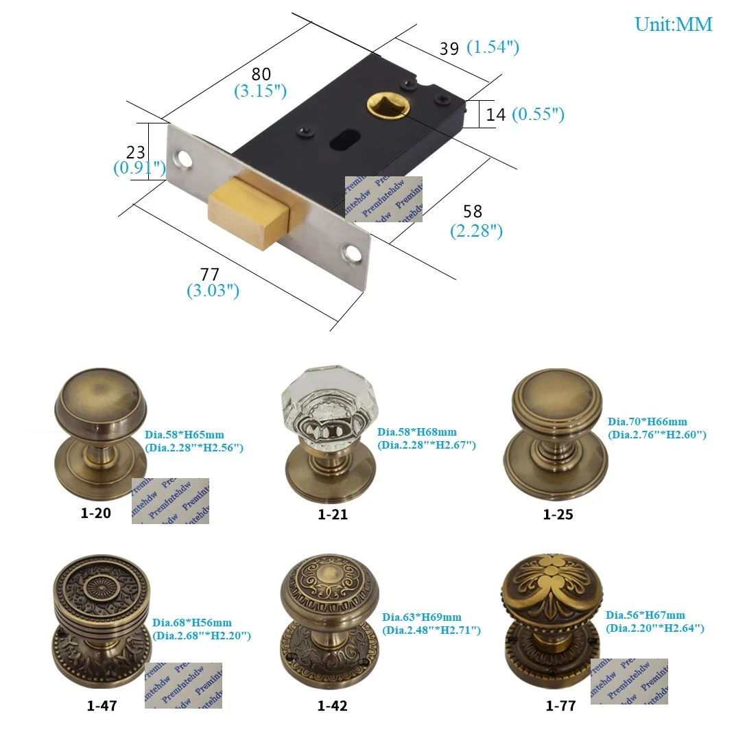 Solid Brass Single Sided Conceal Door Keyless Lock Latch Crystal Knob Antique Classic American Royal European Style