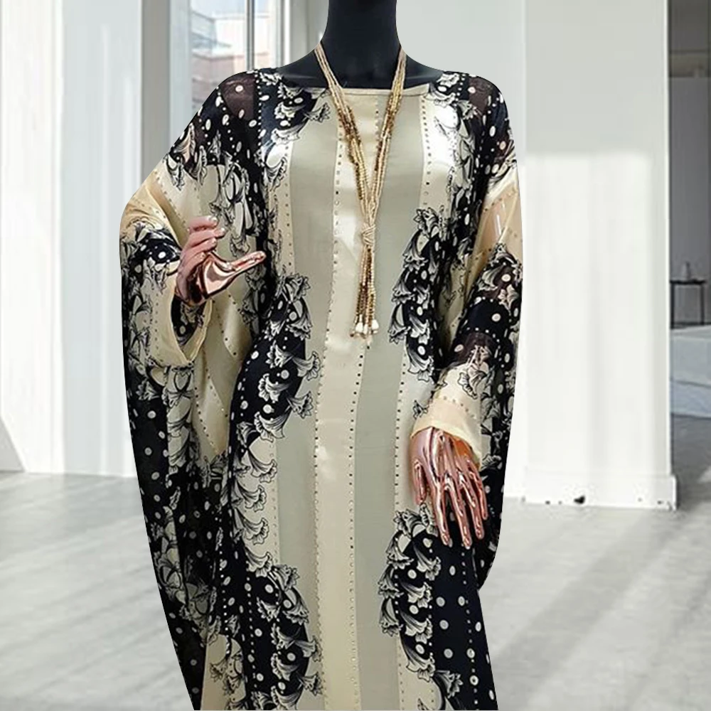 

Floral Print Abayas For Women African Dresses Original O-neck Bat Sleeve Dot Design Maxi Dress Elegant Comfortable Clothes