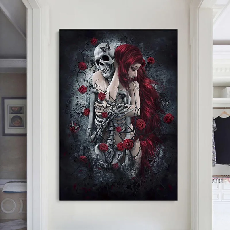 

Abstract Skull Girl Canvas Art Posters and Prints Dark Rose Flowers Wall Art Paintings Pictures Cuadros for Living Room Decor