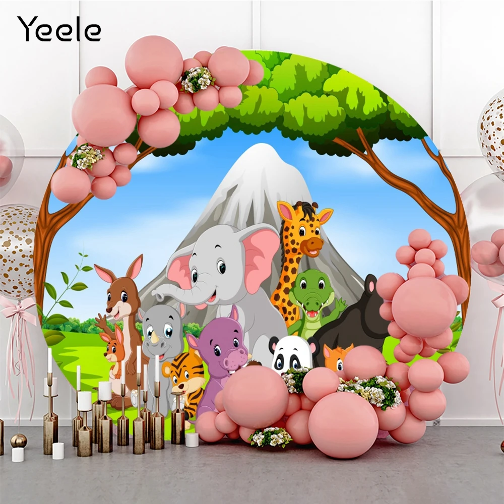 

Yeele Circle Safari Party Cute Animals Newborn Baby Shower Round Backdrop Photography Background Custom Polyester Photo Studio