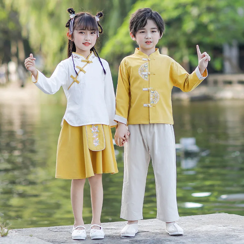 Spring Autunm Kids Chinese Lovely Ancient Hanfu Boys Embroidery Cotton Perform Costumes Girls Photography Clothing