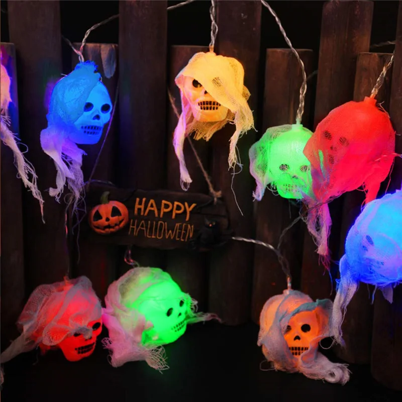 PheiLa-Cadena de luces de calavera de gasa para fiestas de Halloween, luces colgantes de fantasma de terror, decoración para sala de estar al aire libre