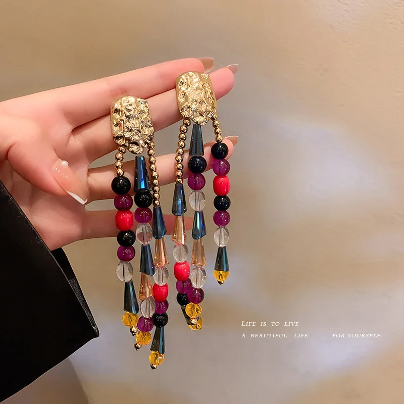 

925 Silver Needle Color Crystal Tassel Earrings Femininity Ethnic Style Exaggerated Long Drop Bohemian Earrings