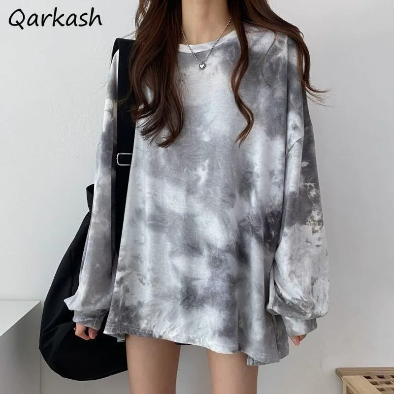 T-shirts Women Vintage Harajuku Tie-dye Ladies Tops Casual Loose Cozy Streetwear Ins Autumn Couple All-match Inside Fashion Ropa