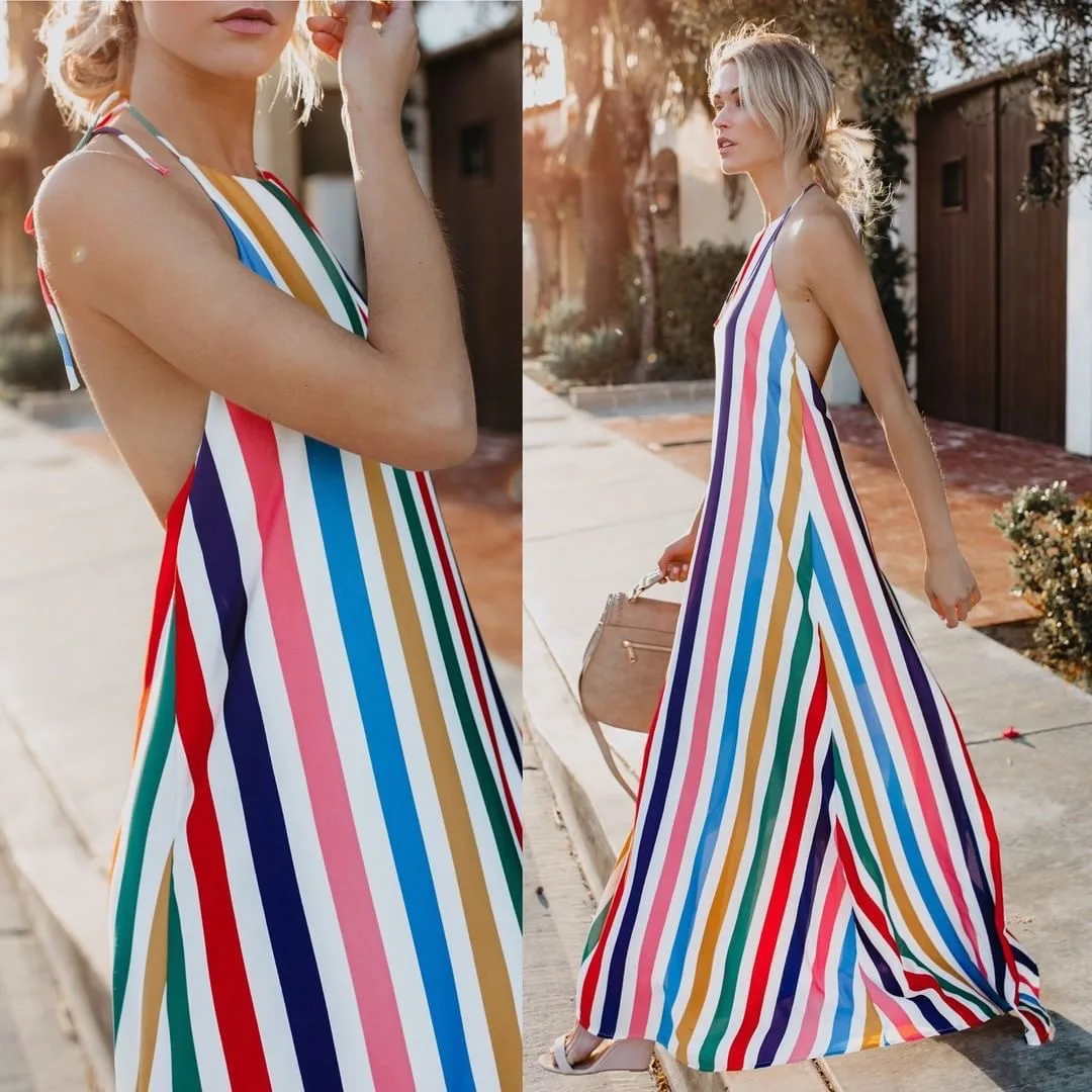 Rainbow Striped Backless Beach Dress Bikini Cover Up Tunics for Beach Sarong Robe De Plage Bikini Cover Up Vestido De Playa