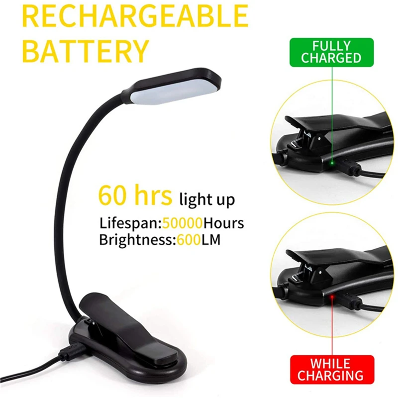 Luz de libro LED ajustable recargable por USB con Clip de Goosenecks, 7 LED, lámpara de escritorio de lectura nocturna Flexible, luz de lectura de