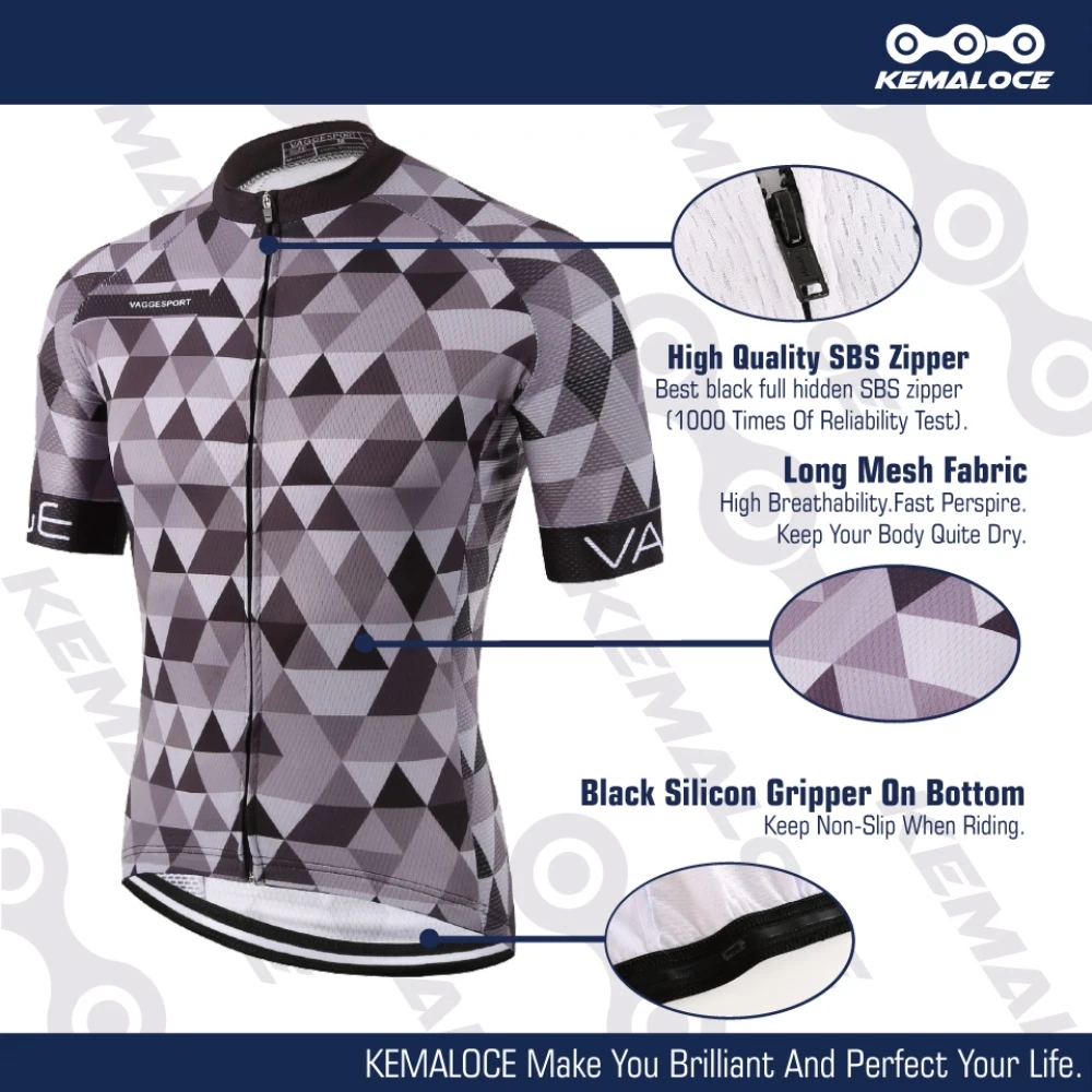 KEMALOCE Bike Jersey Classic Pro Tour Tight Men Breathable Dye Sublimated Race Cyclist Clothing Reflective Grey Pro Cycling Wear
