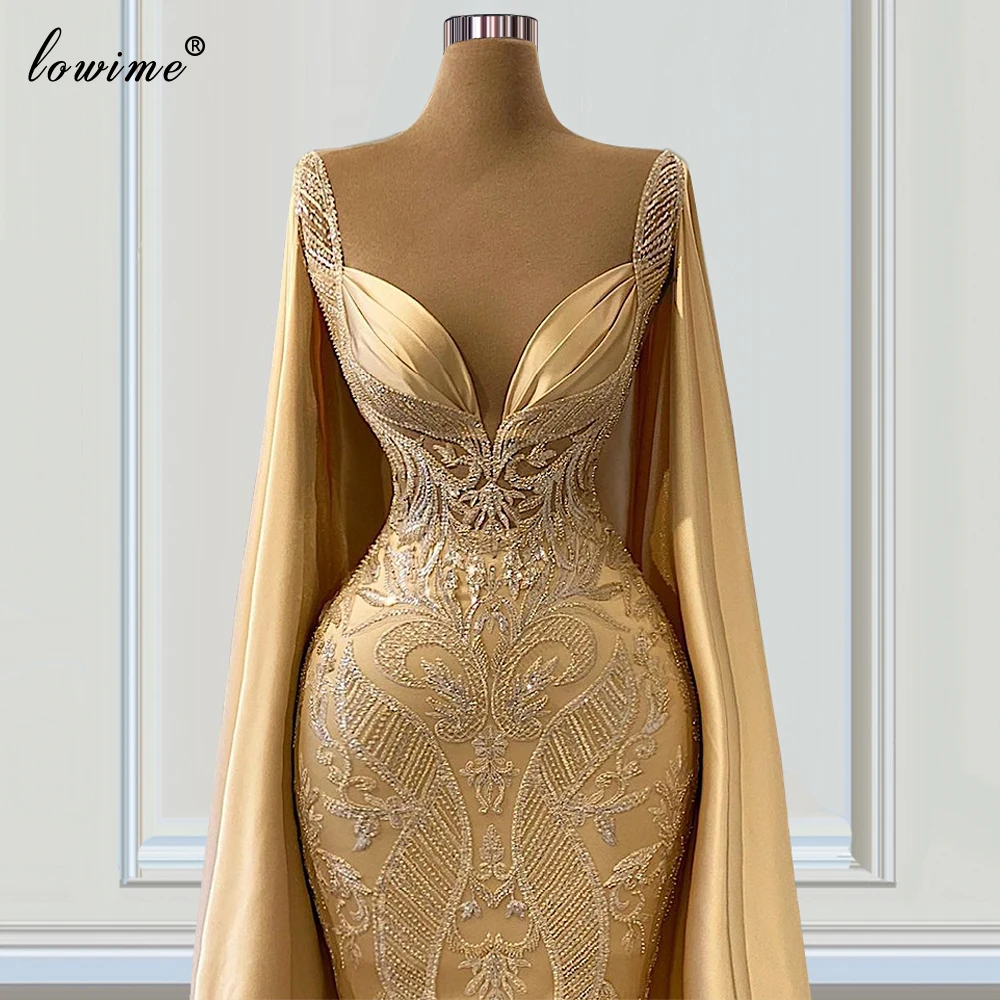 Moslim Champagne Prom Jurken Voor Vrouwen 2021 Arabisch Formele Avondjurken Lange Mouwen Mermaid Wedding Party Jurken Vestidos