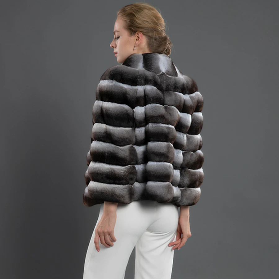 CNEGOVIK chaqueta de piel de conejo Rex auténtica moda cálida invierno clásico Color Chinchilla recortado abrigo de piel con cuello levantado