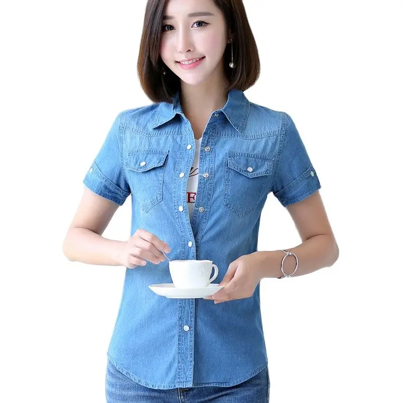 S-3XL Women Denim Shirt Summer New Fashion Casual Short-sleeve Buttons Slim Thin Tops Blouse Girl Student Cotton Shirts Female