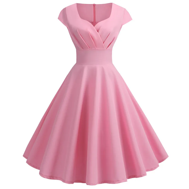 Vestido rosa de verano para mujer, vestido Vintage con cuello en V y vuelo grande, vestido elegante Retro pin up para fiesta y oficina, vestidos por debajo de la rodilla de talla grande