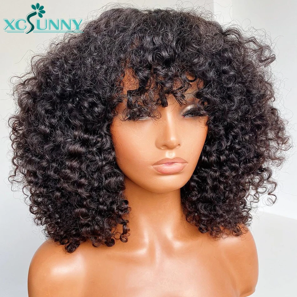 Kinky Curly Human Hair Wig With Bangs Full Machine Made Scalp Top Wig 200 Density Remy Peruvian Short Wigs Human Hair Xcsunny