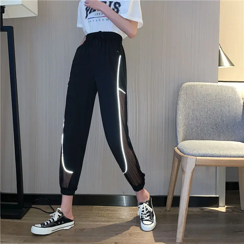 ฤดูร้อน Streetwear Joggers กางเกงผู้หญิงสะท้อนแสง Breathable ตาข่ายสูงเอวกางเกงกางเกงผู้หญิงกางเกงขาม้า