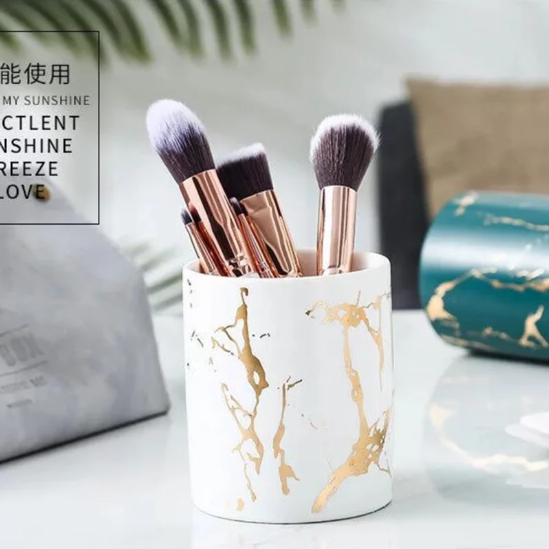 MT Nordic  Marble Pattern Pen Holder Cosmetic Brush Storage Box Makeup Brush Holder Ceramic Jar Home Table Decoration Container