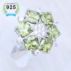 Woman's Ring 925 Sterling Silver Olive Green Cubic Zirconia Crystal Flower Ring Size 5.5 To 10 Shiny Topaz Ring