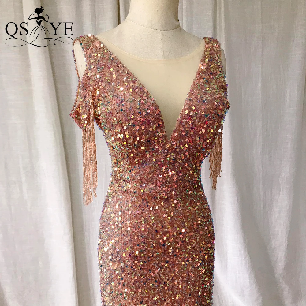 Sparkle Brown Evening Dress Beading Side Sleeves Gold Sequin Prom Gown Fit Glitter Party Dress Mermaid V Neck Women Formal Gown