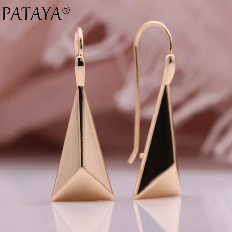 

PATAYA New Trend 585 Rose Gold Color Long Earrings Women Wedding Vintage Fashion Jewelry Glossy Triangle Unusual Drop Earrings