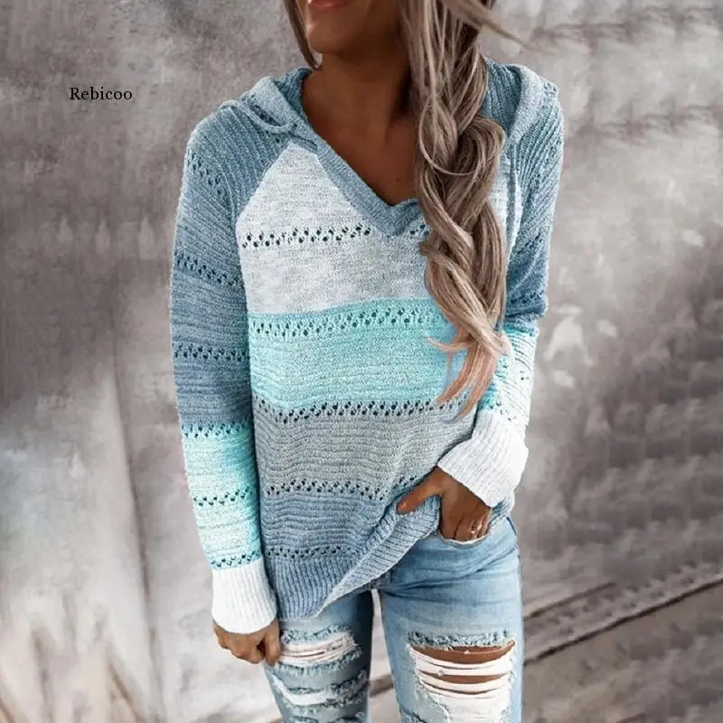 

Autumn Women Casual Loose Hooded Pullovers Tops V Neck Knitted Long Sleeve Sweater Patchwork Elegant Striped Pullover Jumpers