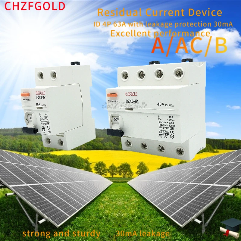 

CHZFGOLD Type A /AC/B Earth Leakage Circuit Breakers RCCB RCD Din Rail DC 2p 40A 63A 30mA 10KA