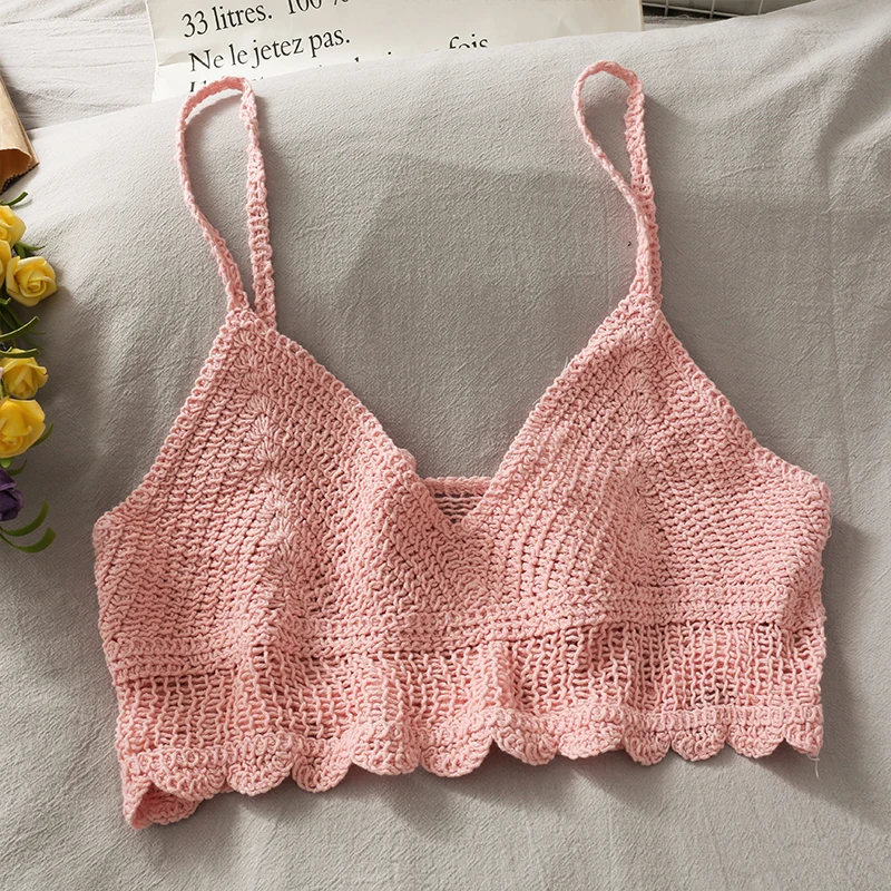 OUMEA Women Crochet Cotton Camis Top Candy Color Sweet Summer Beach Sexy Spaghetti Croceht Cropped Tops Scallop Edge Backless