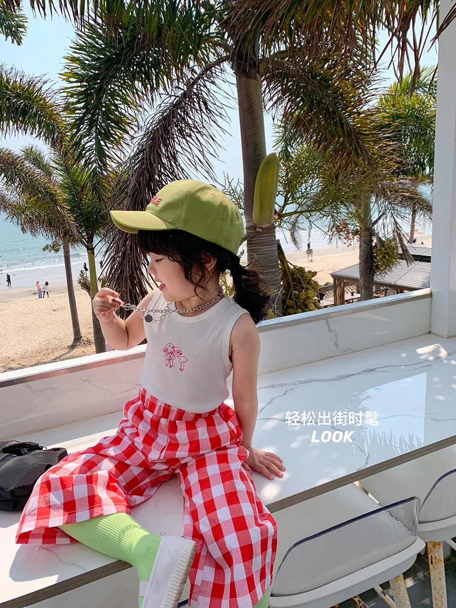 2024 Spring Summer Girls Casual Wide Leg Plaid Ankle Length Pant Baby Kids Children Trousers