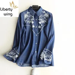 New Embroidery Flower Denim Long Sleeve Shirts for Women Spring Fall Vintage Single Breasted Loose Fit Blouse Womens Tops