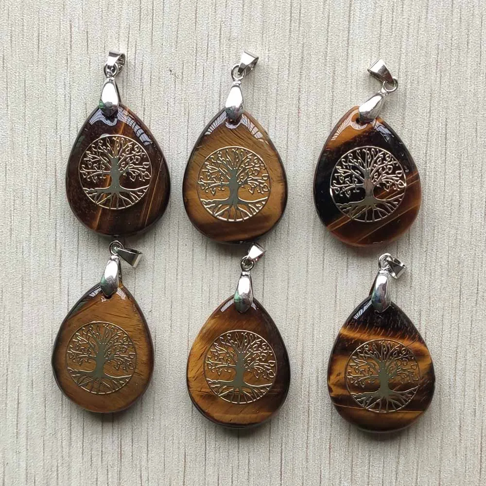 Good quality natural tiger eye stone  water drop shape tree of life pendants for jewelry making free shipping wholesale 6pcs/lot