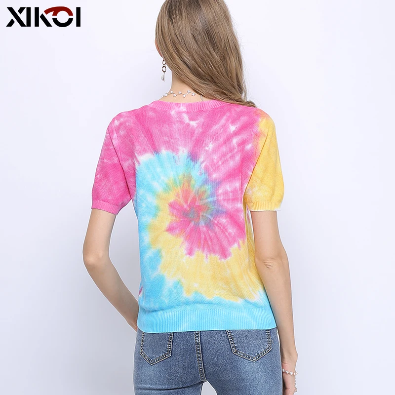 Xikoi outono mulheres camisetas de grandes dimensões mangas curtas o-pescoço verão curto moda casual colorido feminino tricô camisola topos t