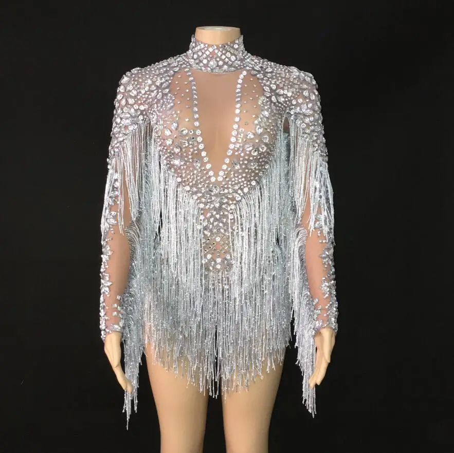 

Silver Red Blue Crystals Fringe Leotard Outfit Birthday Celebrate Long Sleeves Tassel Bodysuit Dance Bar Women Singer Dresses