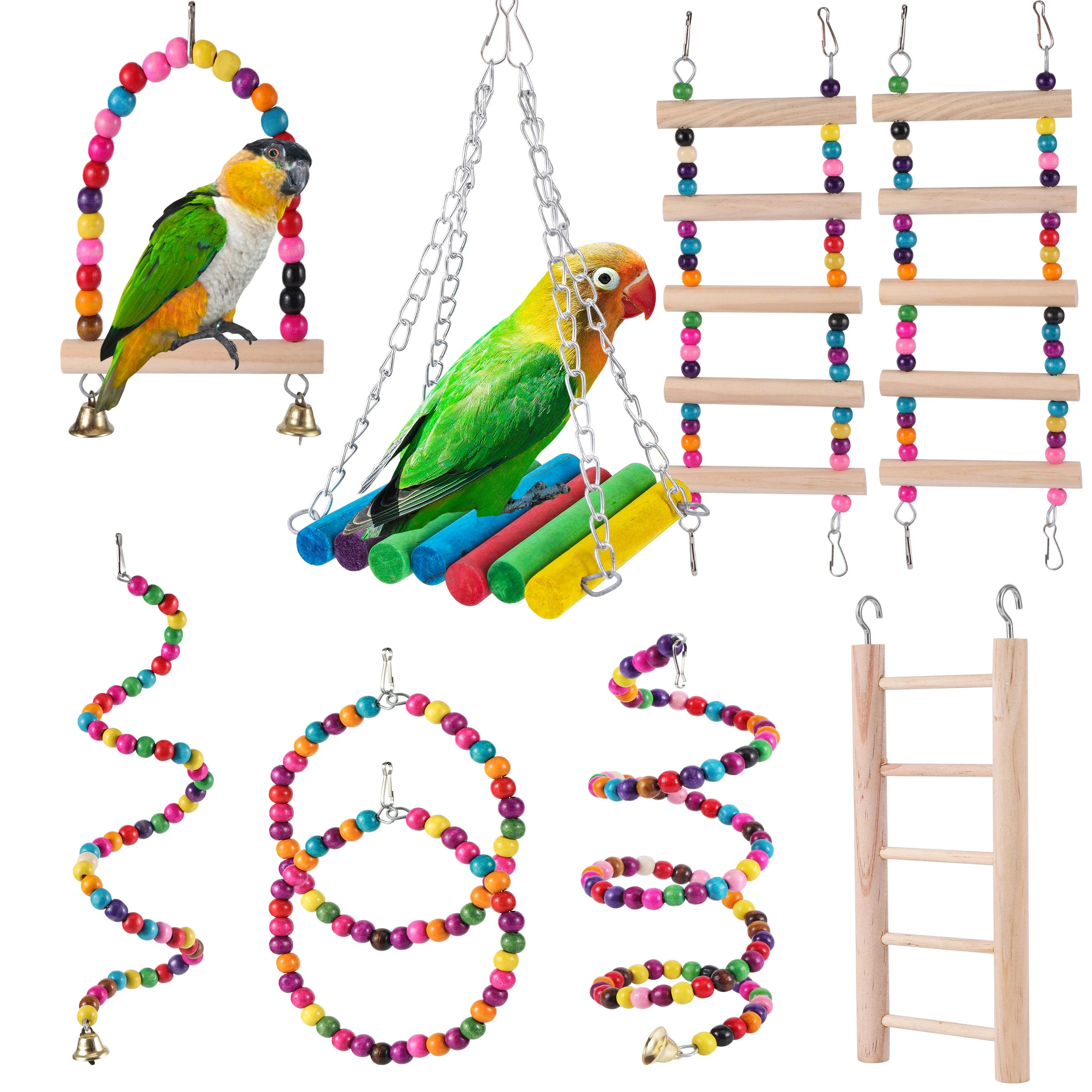 Ensemble de Jouets pour Oiseaux, Jouets d\'Entraînement à la Mastication, Hamac Suspendu, Cage pour Perroquets, Clochette, Perchoirs avec Échelle,