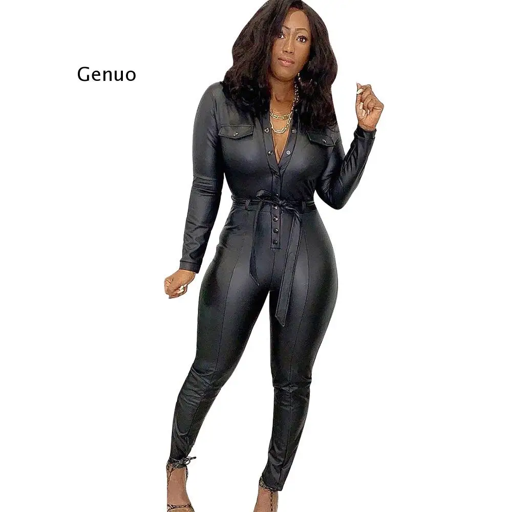 

Black Pu Faux Leather Sexy Jumpsuit Women Turn Down Collar Long Sleeve Skinny Romper Moto Biker Button Sashes Overall