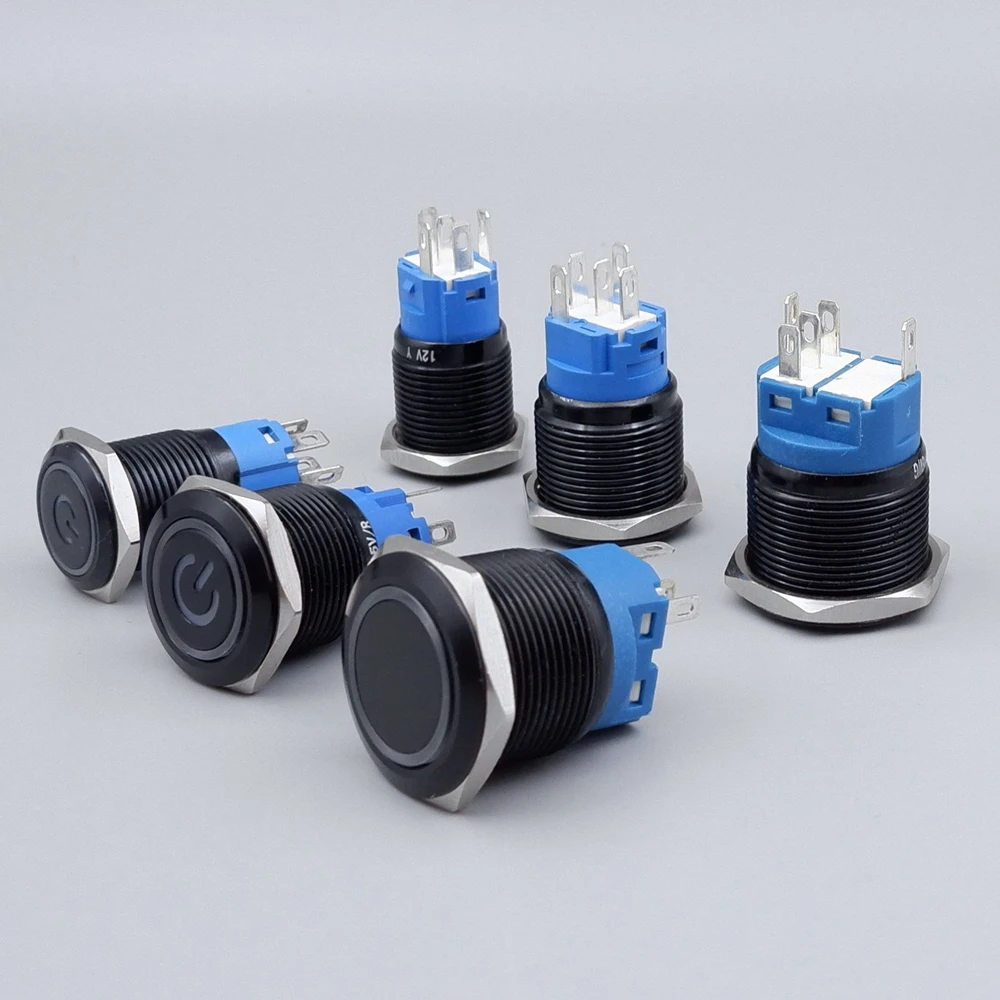 Black Power Push Button Switch 12v with Fixation Momentary Metal LED Lamp Switch Start Stop 220V Backlit PC 16mm 19mm 22mm DIY