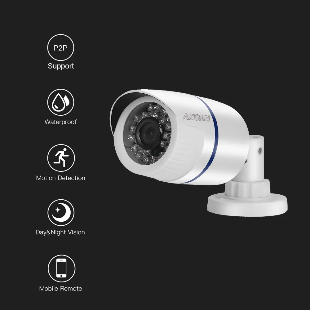 AZISHN Surveillance IP Camera H.265/H.264 FULL HD 1080P 2.0 Megapixel 24IR Outdoor CCTV Camera IP 1080P DC 12V/48V PoE