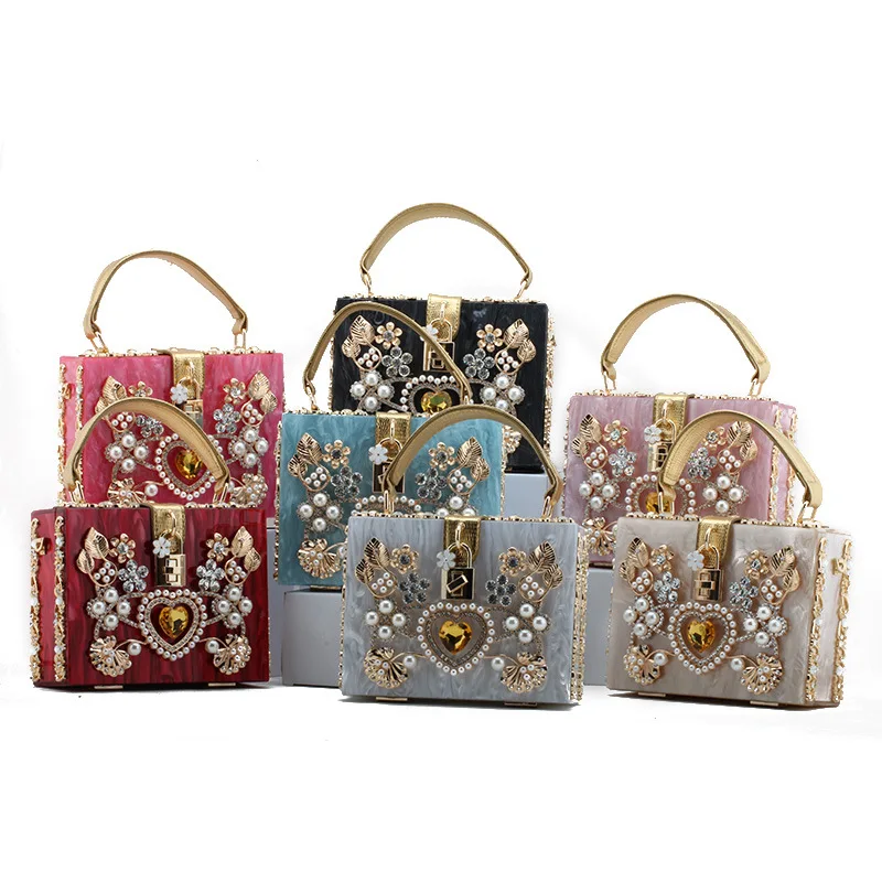 Vintage Flowers Diamond Women Handbag Marbling Acrylic Ladies Box Clutches High Quality Women Wedding Bridal Party Shoulder Bags