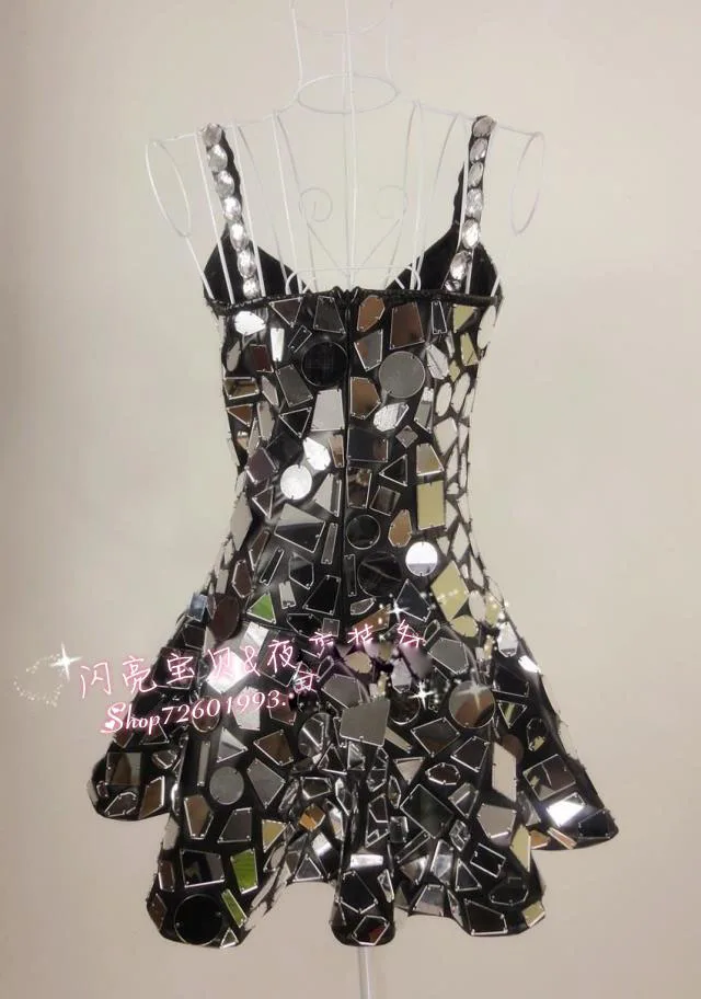 Mirror singers Black leather rhinestone performance dress Black sexy Sling Shiny lens stage costumes