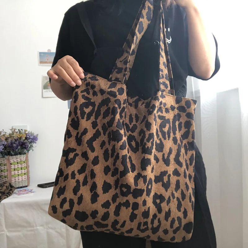 Leopard Pattern Women\'s Handbags Vest Bag Simple Corduroy Girls Student Large Shoulder Bags Retro Ladies Thin Cotton Casual Tote