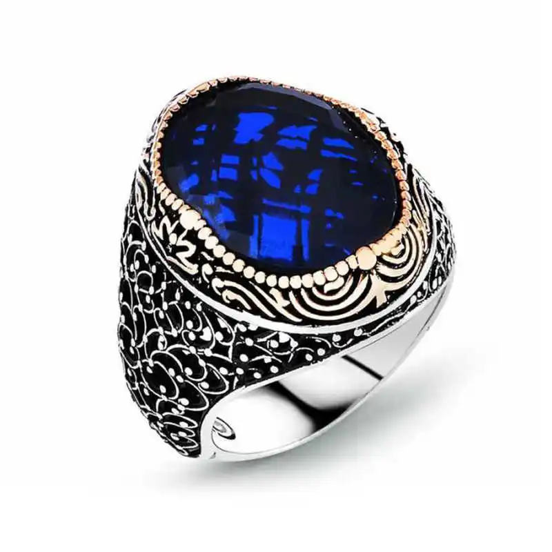 Silver Blue Zircon Stone Men's Ring - 925 Sterling Men's Jewelry Wedding Birthday Gift - Box - Zircon Stone - Men - Fashion - Botiva - Size - Turkish - Patterned Embroidery