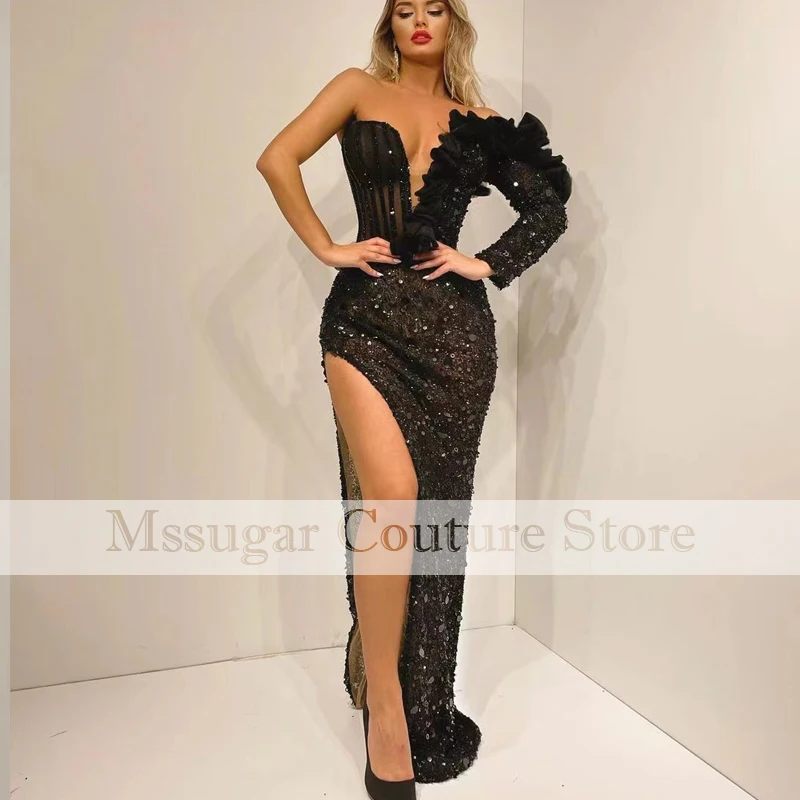 

2021 Luxury Sequin Lace Mermaid Prom Dresses Beading Sweetheart One Shoulder African Evening Dress платье вечернее